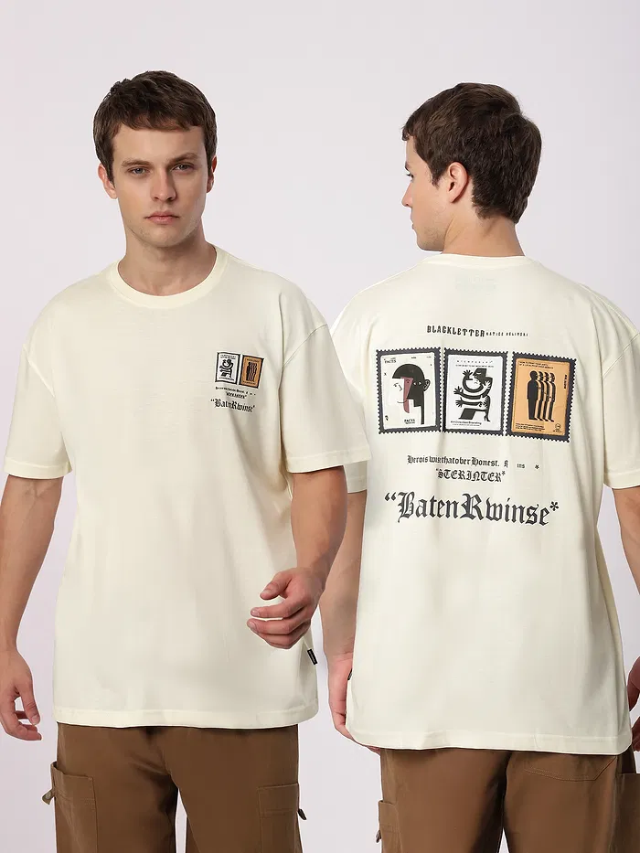 Cream Stamps Printed Oversized T-Shirt